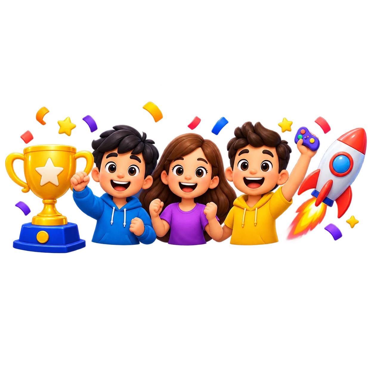 Young champions celebrating with a trophy and rocket