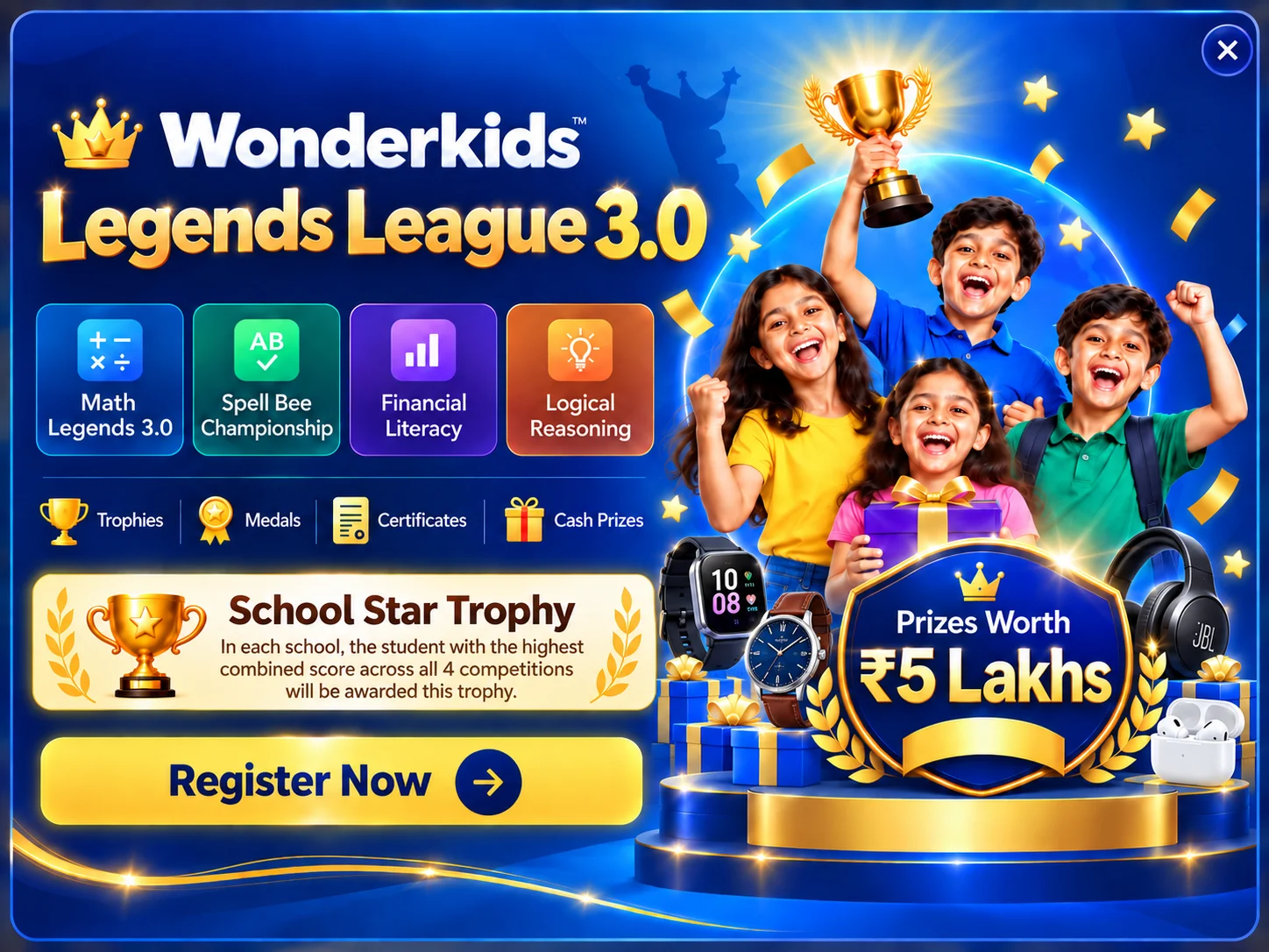 Wonderkids Legends League 3.0 — four competitions, prizes worth 5 lakhs and a School Star Trophy